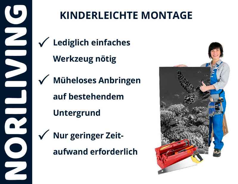 NORILIVING - Kinderleichte Montage leicht gemacht Plakat von NORILIVING mit einer Frau, die einen einfach montierbaren Wandgegenstand hält und Vorteile wie einfache Werkzeuge, mühelose Anbringung und geringen Zeitaufwand betont.