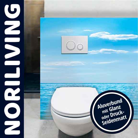 Toilette mit Wandgestaltung im Aluverbund-Design von Noriliving Toilette mit blauem Meeresmotiv als Wandgestaltung, Aluverbund mit Glanz von Noriliving