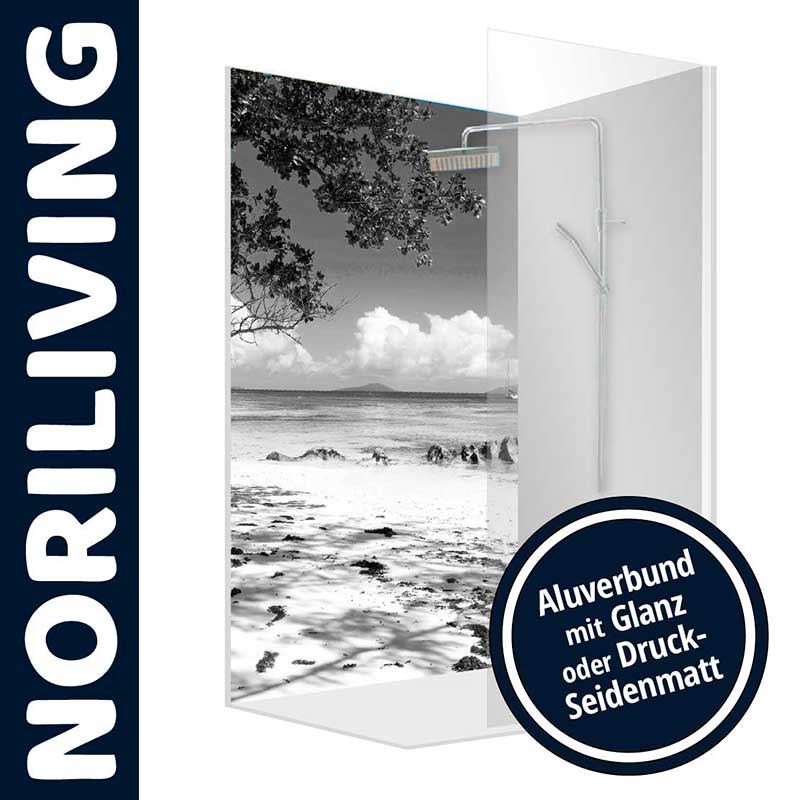 Duschkabine von NORILIVING mit Strandmotiv, erhältlich in Aluverbund Glanz oder Druck-Seidenmatt Duschkabine mit Strandmotiv und Baum, von NORILIVING, in Aluverbund mit Glanz oder Druck-Seidenmatt