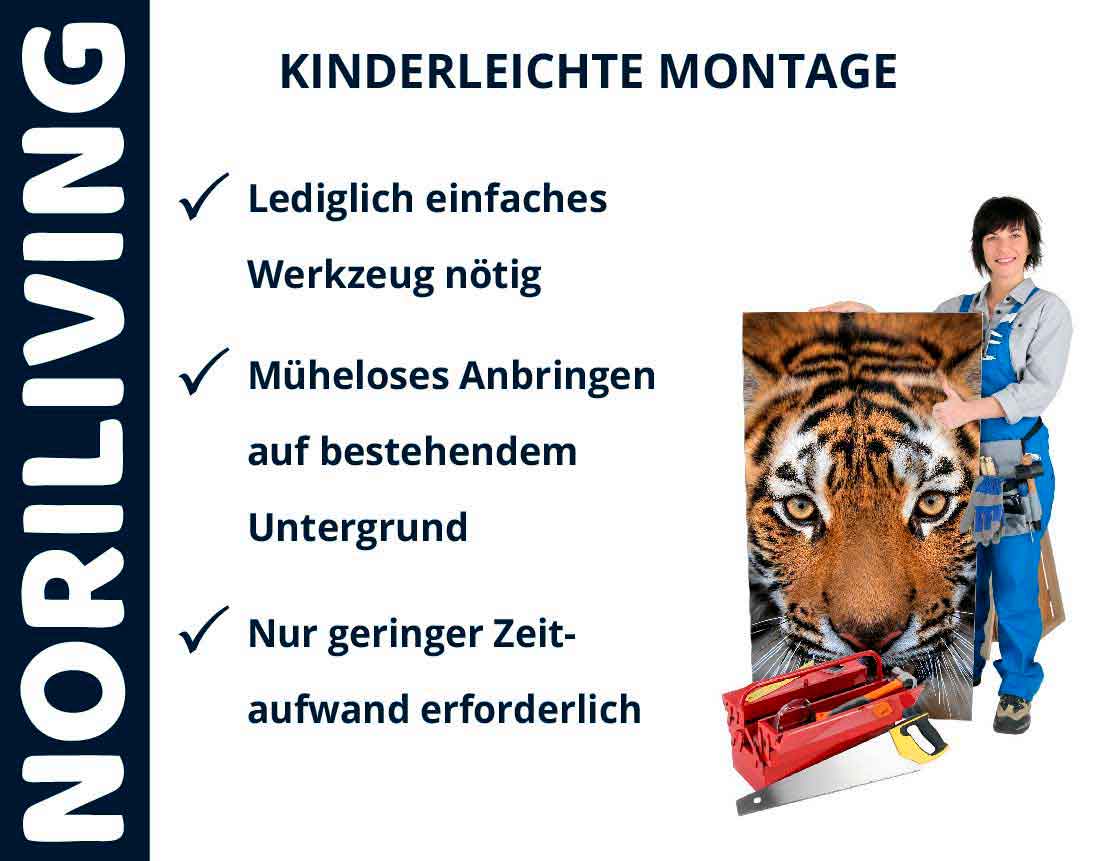 Noriliving kinderleichte Montage mit einfachem Werkzeug Frau hält Tigerbild und zeigt einfache Montage mit Noriliving