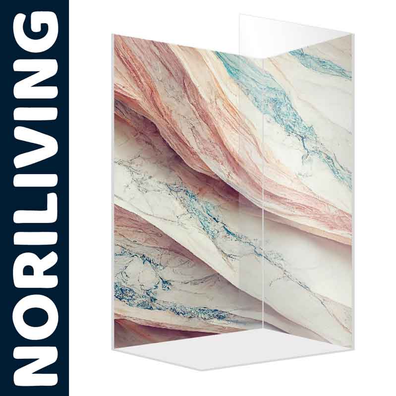 Duschwand mit abstraktem Marmor-Muster in Rosa und Blau von Noriliving