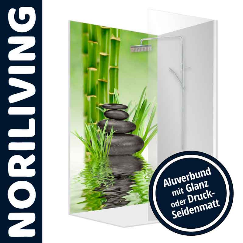 Duschtrennwand von Noriliving mit Naturmotiv: Bambus und Steine, erhältlich in Aluverbund mit glänzender oder seidenmatter Oberfläche