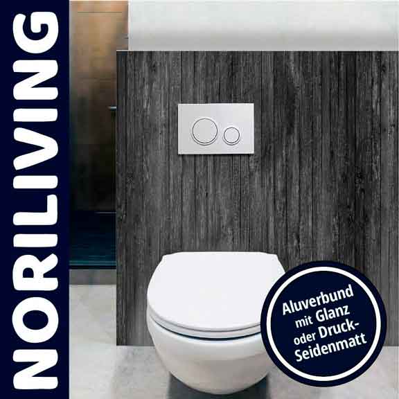 Toilettenraum mit weißem WC vor dunkelgrauer Wandverkleidung, Aluverbund mit Glanz oder Druck-Seidenmatt von Noriliving